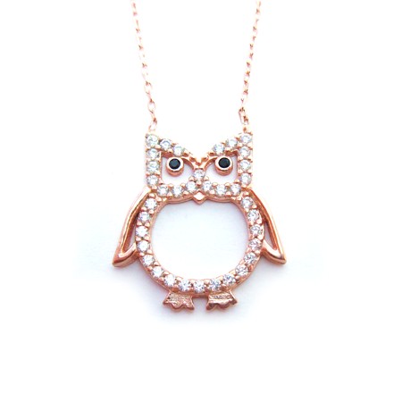 Rose gold plated Owl necklace with Cubic Zirconias - Click Image to Close